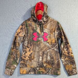 Under Armour Camo Hoodie Women's Small Brown Green Pink Logo Semi-Fitted